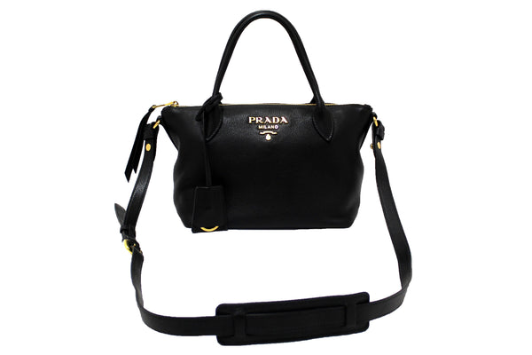 Authentic Prada Black Soft Leather Small Zipper Tote Bag