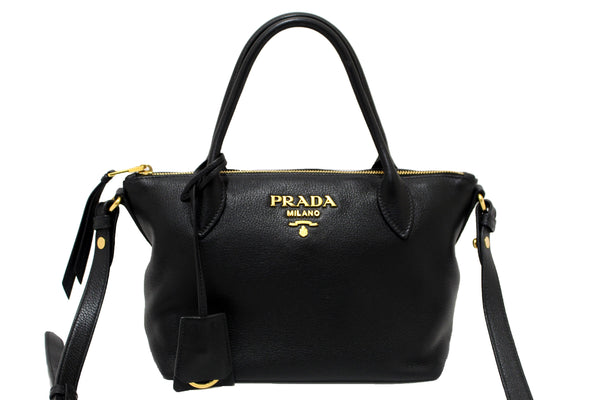 Authentic Prada Black Soft Leather Small Zipper Tote Bag