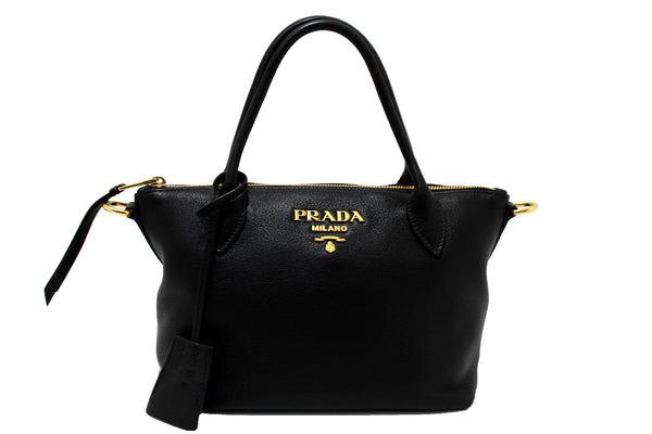 Authentic Prada Black Soft Leather Small Zipper Tote Bag