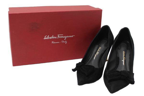 Salvatore Ferragamo Black Suede Garlate Block Heel Pump Size 7C