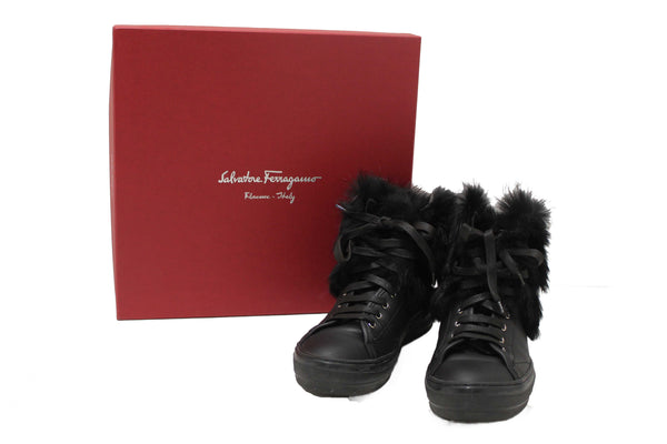 Salvatore Ferragamo Black Leather Nisia Wint Fur Trim Sneakers Size 37