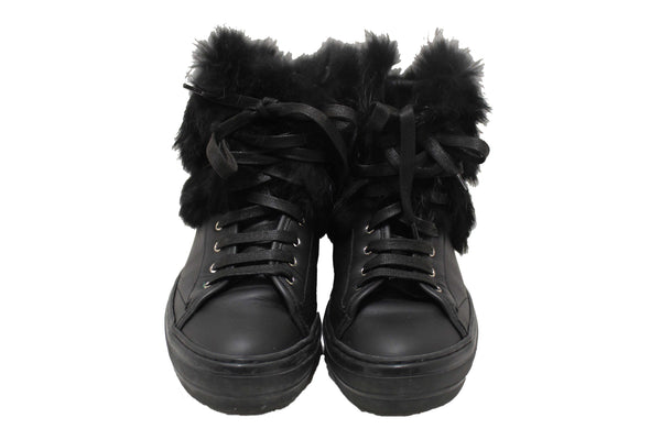 Salvatore Ferragamo Black Leather Nisia Wint Fur Trim Sneakers Size 37