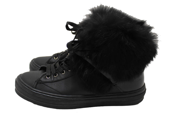 Salvatore Ferragamo Black Leather Nisia Wint Fur Trim Sneakers Size 37