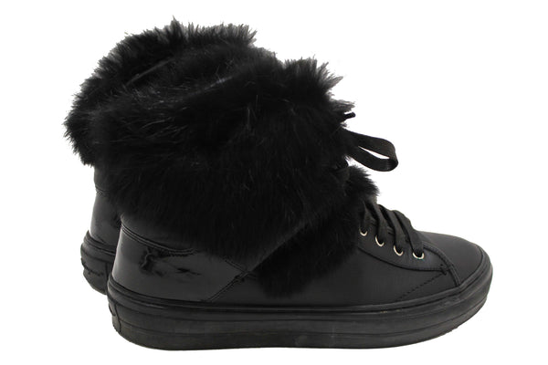 Salvatore Ferragamo Black Leather Nisia Wint Fur Trim Sneakers Size 37