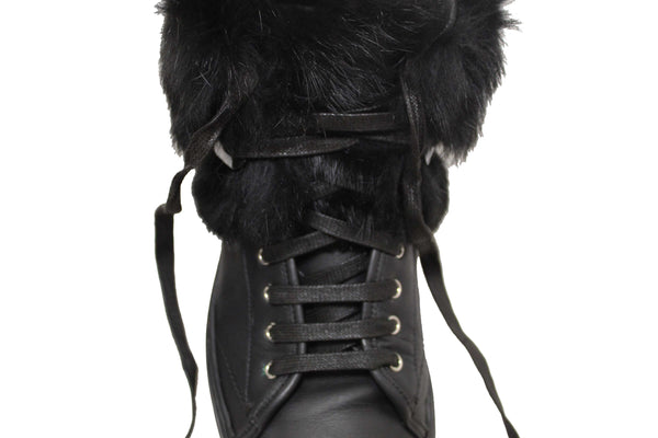 Salvatore Ferragamo Black Leather Nisia Wint Fur Trim Sneakers Size 37