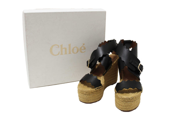 Chloe Black Nubuck Leather Lauren Wedge Espadrille Sandal Shoes Size 37