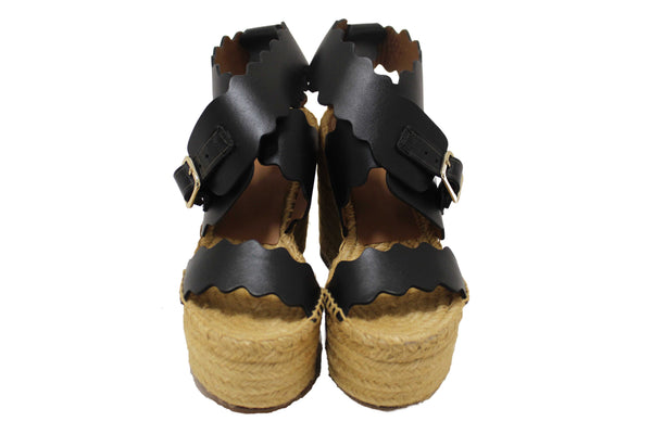 Chloe Black Nubuck Leather Lauren Wedge Espadrille Sandal Shoes Size 37