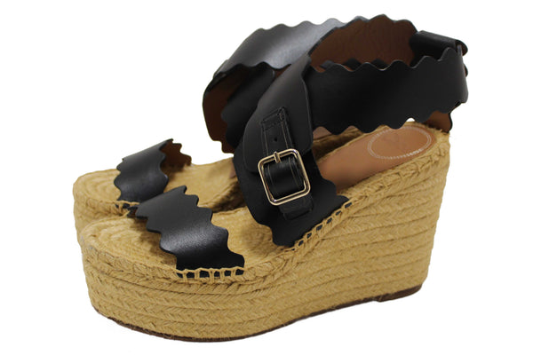Chloe Black Nubuck Leather Lauren Wedge Espadrille Sandal Shoes Size 37