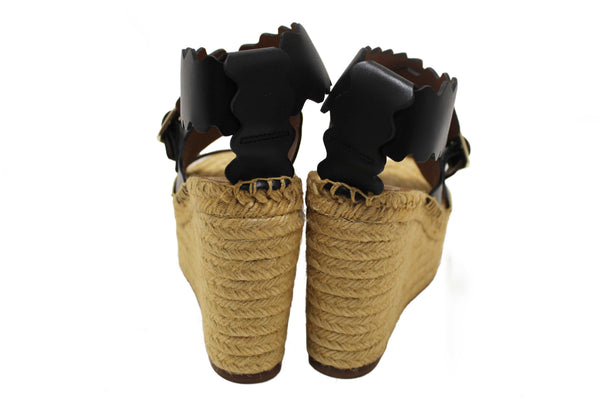 Chloe Black Nubuck Leather Lauren Wedge Espadrille Sandal Shoes Size 37