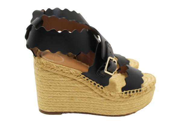 Chloe Black Nubuck Leather Lauren Wedge Espadrille Sandal Shoes Size 37