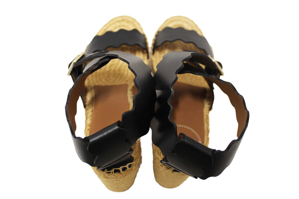 Chloe Black Nubuck Leather Lauren Wedge Espadrille Sandal Shoes Size 37