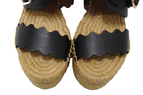 Chloe Black Nubuck Leather Lauren Wedge Espadrille Sandal Shoes Size 37