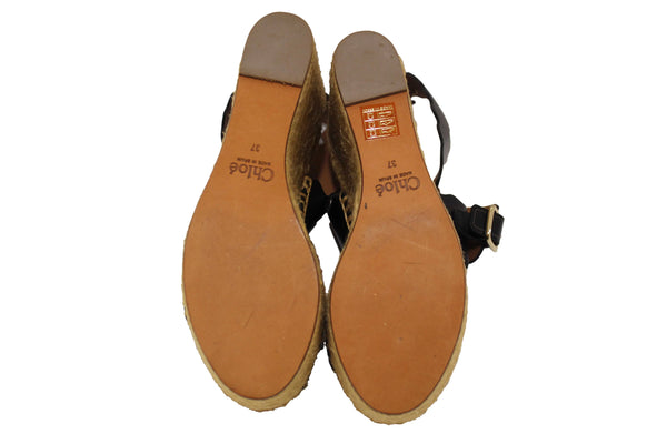Chloe Black Nubuck Leather Lauren Wedge Espadrille Sandal Shoes Size 37