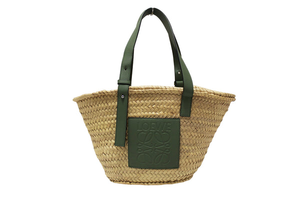 Loewe Palm Leaf and Green Calfskin Leather Basket Bag