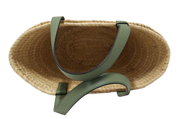 Loewe Palm Leaf and Green Calfskin Leather Basket Bag