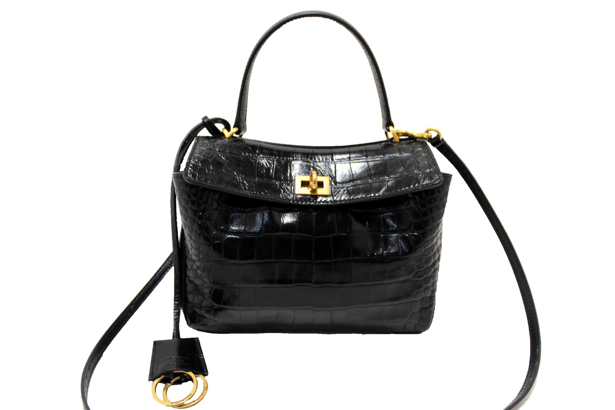 NEW Balenciaga Black Crocodile Embossed Leather Mini Rodeo Handbag