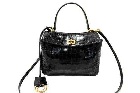 NEW Balenciaga Black Crocodile Embossed Leather Mini Rodeo Handbag