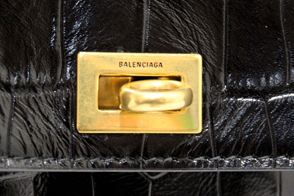 NEW Balenciaga Black Crocodile Embossed Leather Mini Rodeo Handbag