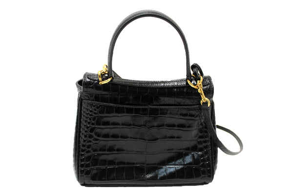 NEW Balenciaga Black Crocodile Embossed Leather Mini Rodeo Handbag