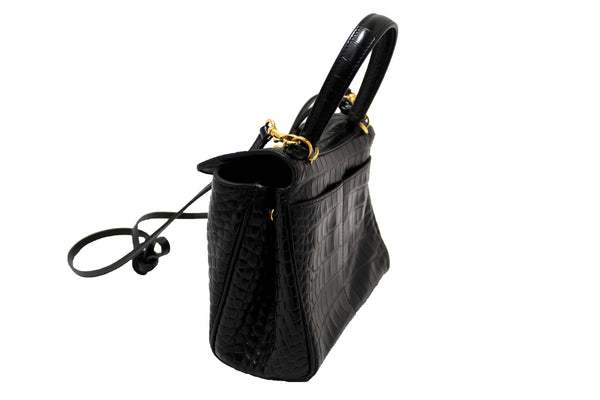 NEW Balenciaga Black Crocodile Embossed Leather Mini Rodeo Handbag