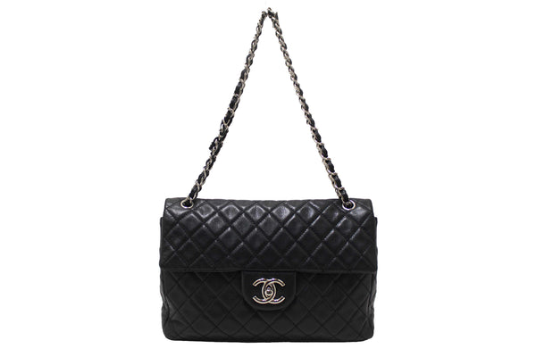 Chanel Black Quilted Washed Caviar Leather Classic Maxi Single Flap Shoulder Bag