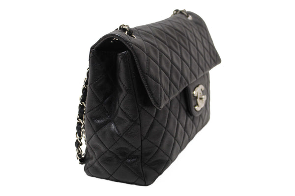 Chanel Black Quilted Washed Caviar Leather Classic Maxi Single Flap Shoulder Bag