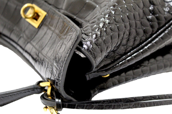 NEW Balenciaga Black Crocodile Embossed Leather Mini Rodeo Handbag