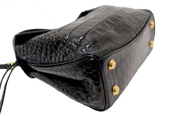 NEW Balenciaga Black Crocodile Embossed Leather Mini Rodeo Handbag