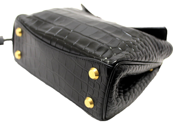 NEW Balenciaga Black Crocodile Embossed Leather Mini Rodeo Handbag