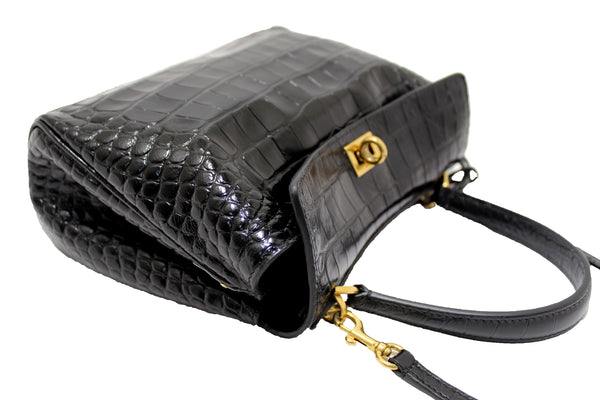 NEW Balenciaga Black Crocodile Embossed Leather Mini Rodeo Handbag