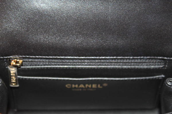 Chanel Black Quilted Lambskin Leather Classic Mini Rectangular Crystal Top Handle Flap Bag