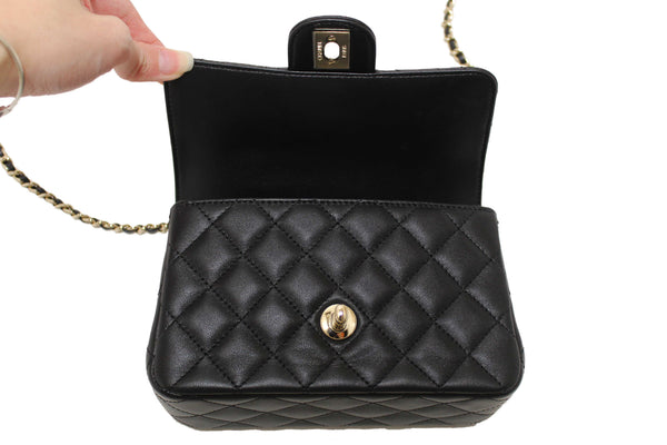 Chanel Black Quilted Lambskin Leather Classic Mini Rectangular Crystal Top Handle Flap Bag