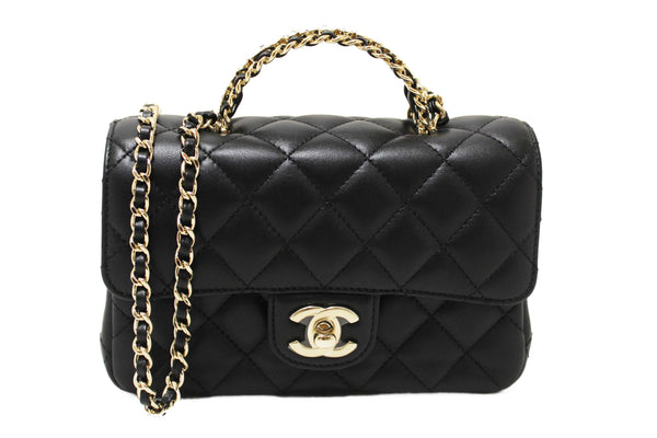 Chanel Black Quilted Lambskin Leather Classic Mini Rectangular Crystal Top Handle Flap Bag
