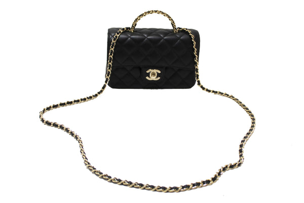 Chanel Black Quilted Lambskin Leather Classic Mini Rectangular Crystal Top Handle Flap Bag