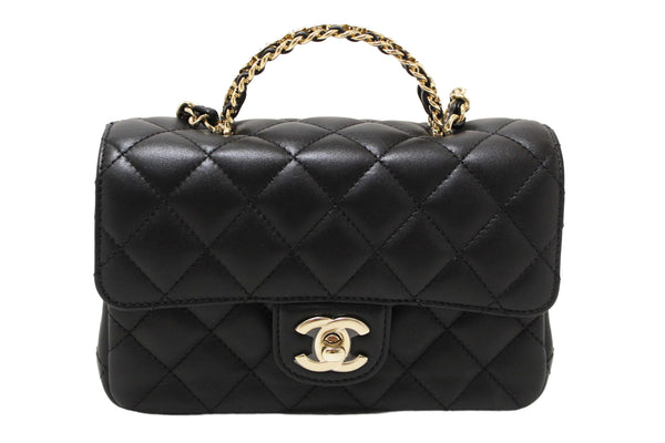 Chanel Black Quilted Lambskin Leather Classic Mini Rectangular Crystal Top Handle Flap Bag