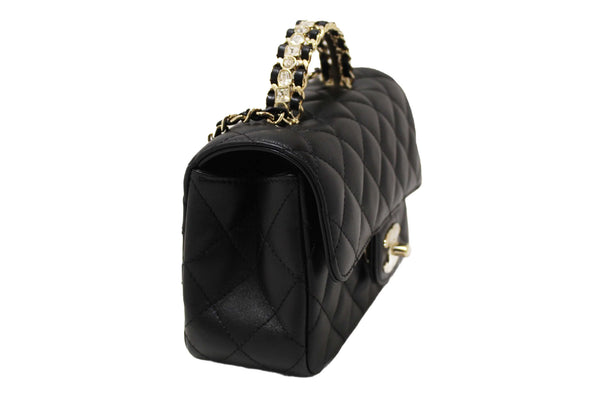 Chanel Black Quilted Lambskin Leather Classic Mini Rectangular Crystal Top Handle Flap Bag