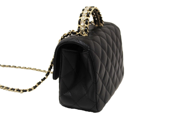 Chanel Black Quilted Lambskin Leather Classic Mini Rectangular Crystal Top Handle Flap Bag