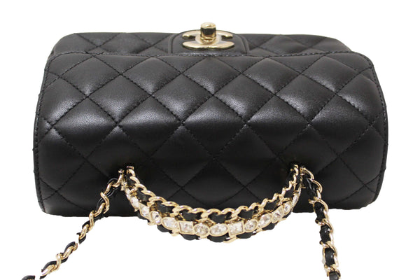 Chanel Black Quilted Lambskin Leather Classic Mini Rectangular Crystal Top Handle Flap Bag