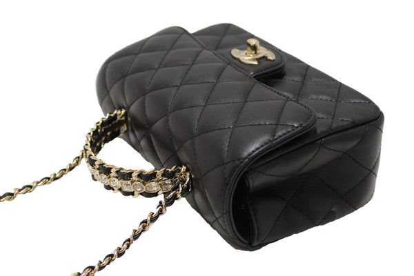 Chanel Black Quilted Lambskin Leather Classic Mini Rectangular Crystal Top Handle Flap Bag