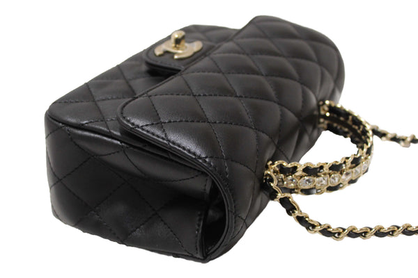 Chanel Black Quilted Lambskin Leather Classic Mini Rectangular Crystal Top Handle Flap Bag