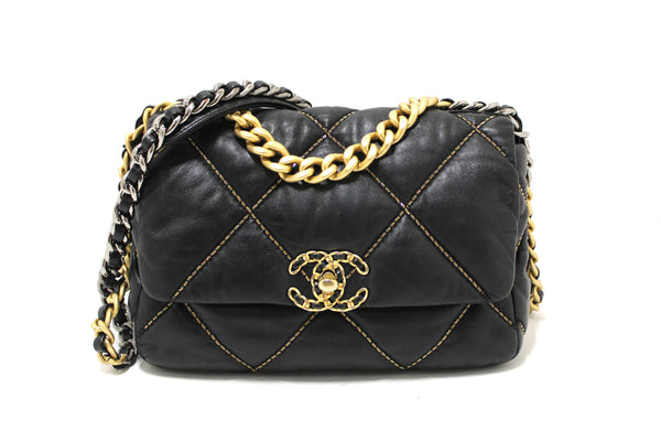 Limited Edition Chanel 19 Small Black Quilted Lambskin Leather Shoulder Crossbody Bag