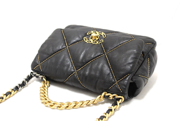 Limited Edition Chanel 19 Small Black Quilted Lambskin Leather Shoulder Crossbody Bag