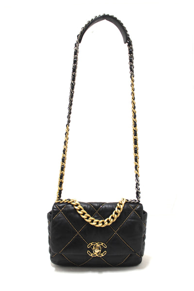 Limited Edition Chanel 19 Small Black Quilted Lambskin Leather Shoulder Crossbody Bag