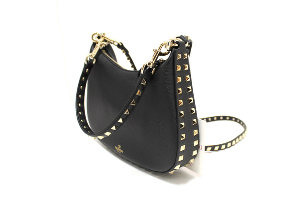 Authentic NEW Valentino Garavani Rockstud Black Grainy Calfskin Leather Small Hobo Bag