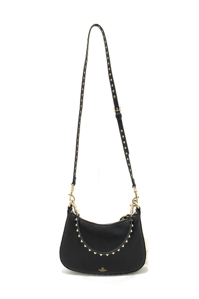 Authentic NEW Valentino Garavani Rockstud Black Grainy Calfskin Leather Small Hobo Bag