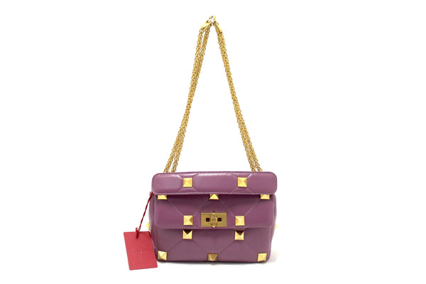 Authentic NEW Valentino Garavani Large Roman Stud Purple Nappa Leather Shoulder Bag