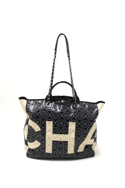 CHANEL Chanel Black and Beige Coated Canvas Camellia Flower Tote Bag | Italystation.com - Shop Now at italystation.com