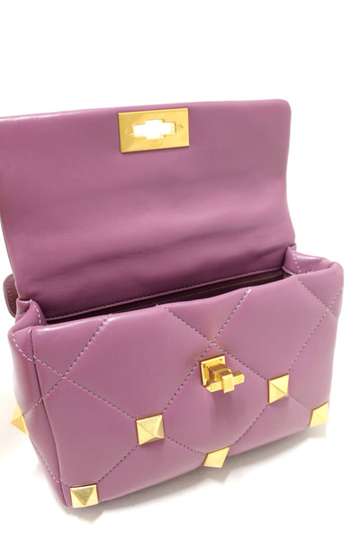 Authentic NEW Valentino Garavani Large Roman Stud Purple Nappa Leather Shoulder Bag