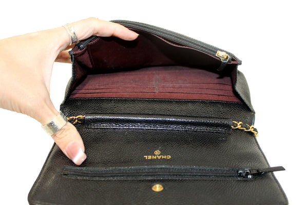 Chanel Black Quilted Caviar Leather Wallet On Chain WOC Messenger Bag