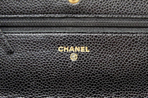 Chanel Black Quilted Caviar Leather Wallet On Chain WOC Messenger Bag